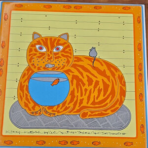 Vintage 1982 Taylor & Ng Kitty Katfish Ceramic Tile Trivet Framed Win Ng